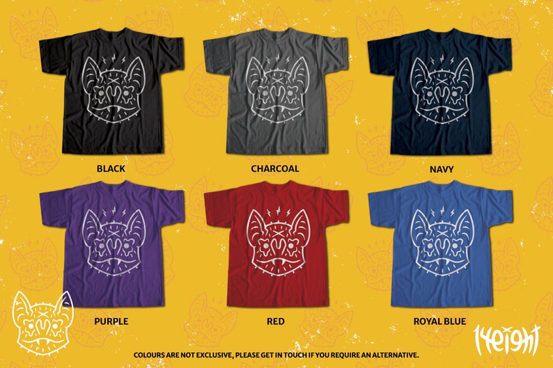 May include: Six t-shirts with a white bat graphic design on a variety of colored shirts. The colors are black, charcoal, navy, purple, red, and royal blue. The text "COLOURS ARE NOT EXCLUSIVE, PLEASE GET IN TOUCH IF YOU REQUIRE AN ALTERNATIVE." is at the bottom of the image.