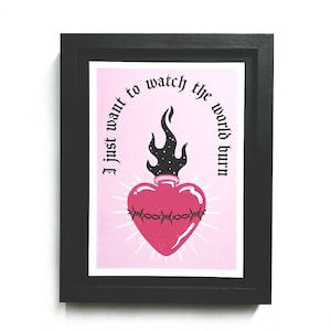 Burn - Sacred Heart Pink Tattoo Print - Pastel goth artwork / Gothic home decor / Small quote poster