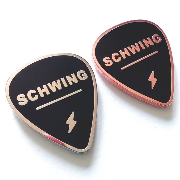 Schwing - guitar pick enamel pin badge / electric guitar plectrum / heavy metal music accessory / goth / hard rock fan / movie gift