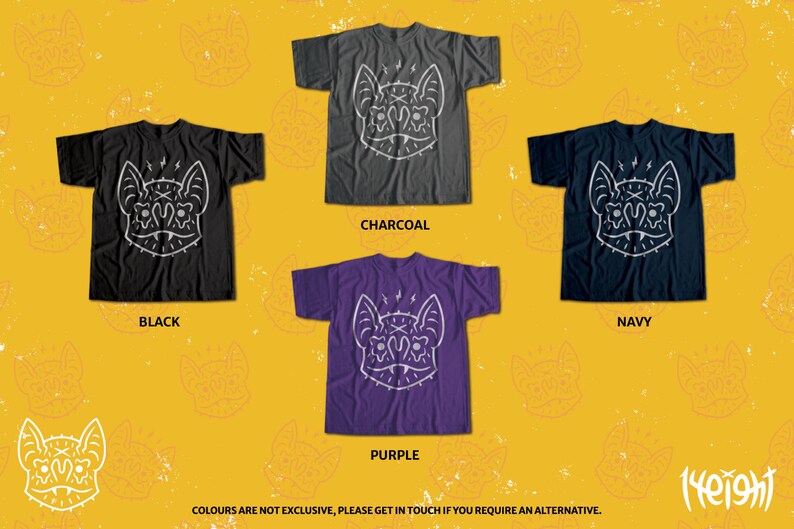 K&ouml;nnte beinhalten: Ein Grafik-T-Shirt mit einer stilisierten Fledermaus mit einem sch&auml;delartigen Gesicht. Das Shirt ist in Schwarz, Anthrazit, Lila und Marine erh&auml;ltlich.