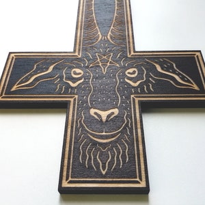 The King Laser Engraved Crucifix Woodcut / Horror gift / Goth home decor / Gothic wall hanging / Goat / Witch / Black Phillip / Altar image 2