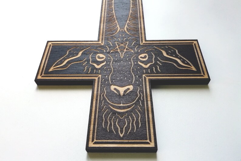 The King Laser Engraved Crucifix Woodcut / Horror gift / Goth home decor / Gothic wall hanging / Goat / Witch / Black Phillip / Altar image 2