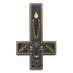 The King Laser Engraved Crucifix Woodcut / Horror gift / Goth home decor / Gothic wall hanging / Goat / Witch / Black Phillip / Altar image 1