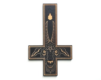 The King - Laser Engraved Crucifix Woodcut / Horror gift / Goth home decor / Gothic wall hanging / Goat / Witch / Black Phillip / Altar