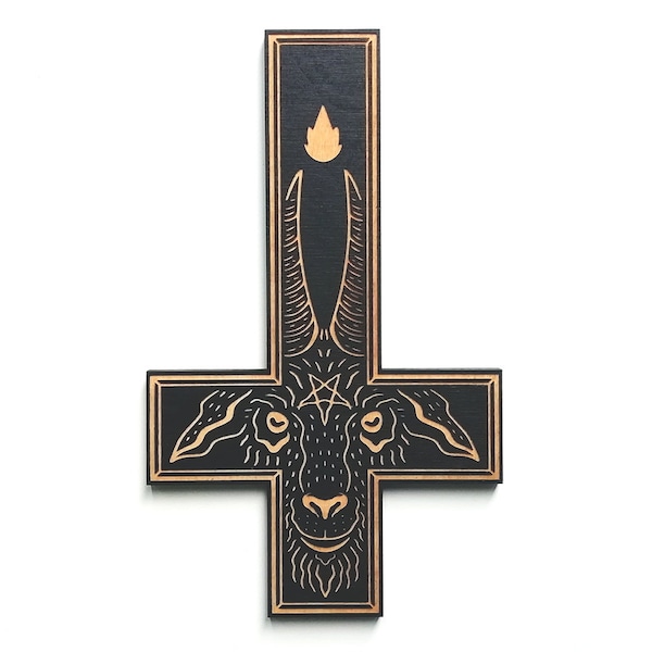 The King - Laser Engraved Crucifix Woodcut / Horror gift / Goth home decor / Gothic wall hanging / Goat / Witch / Black Phillip / Altar