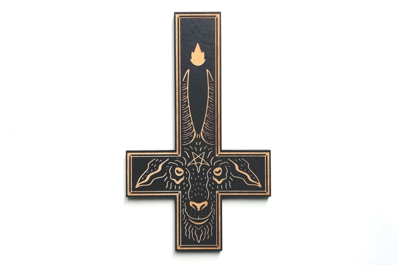 The King Laser Engraved Crucifix Woodcut / Horror gift / Goth home decor / Gothic wall hanging / Goat / Witch / Black Phillip / Altar image 1