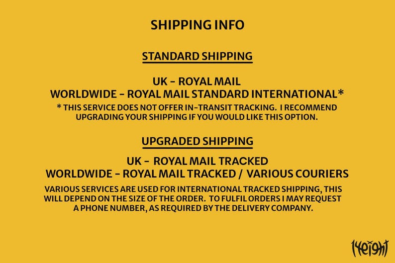 Puede incluir: Un fondo amarillo con texto negro que describe la informaci&oacute;n de env&iacute;o para las opciones de env&iacute;o est&aacute;ndar y mejorado. El texto incluye detalles sobre Royal Mail y varios mensajeros para el Reino Unido y todo el mundo.
