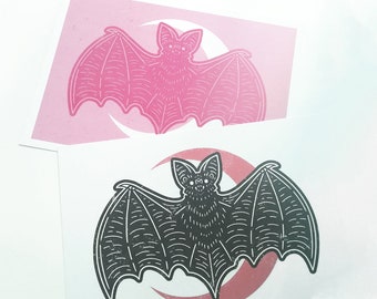 Nocturnal - Vampire Bat and Crescent Moon Print / Small animal artwork / Gothic home decor / Pink creature / Pastel goth linoprint / Nature