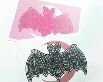 Nocturnal - Vampire Bat and Crescent Moon Print / Small animal artwork / Gothic home decor / Pink creature / Pastel goth linoprint / Nature