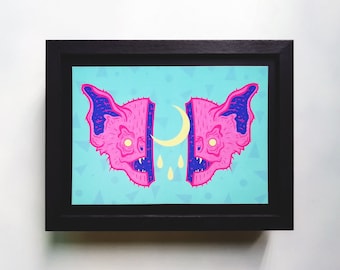 Criatura cósmica - Impresión de murciélago pequeño / Decoración gótica / Póster de Halloween / Escalofriante / Arte gótico pastel / Decoración de murciélago vampiro / Rosa / Impresión linda
