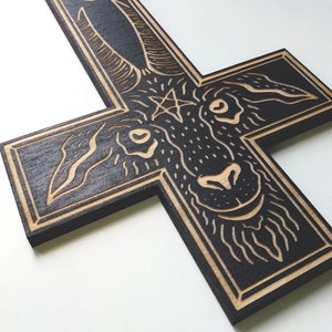 The King Laser Engraved Crucifix Woodcut / Horror gift / Goth home decor / Gothic wall hanging / Goat / Witch / Black Phillip / Altar image 3