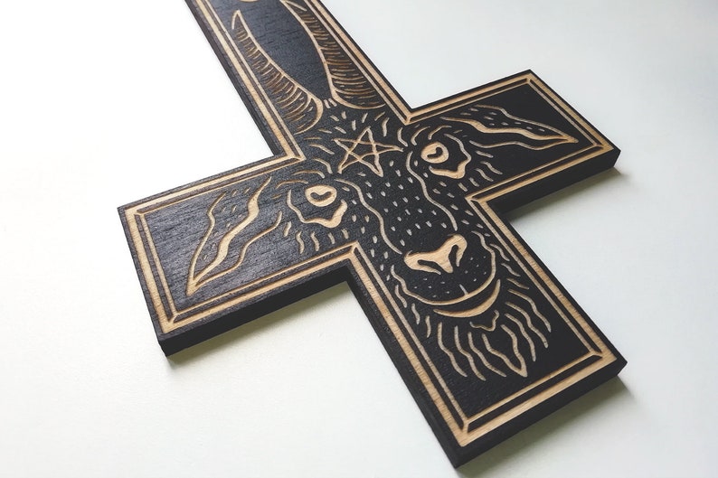 The King Laser Engraved Crucifix Woodcut / Horror gift / Goth home decor / Gothic wall hanging / Goat / Witch / Black Phillip / Altar image 3