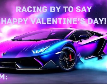 Folleto imprimible de San Valentín con autos deportivos rápidos para intercambiar en la fiesta del salón de clases o la fiesta de San Valentín de la escuela. 4 diseños. Descarga instantánea en PDF digital