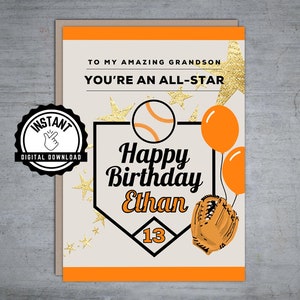 Biglietto di buon compleanno personalizzato per baseball / Biglietto di compleanno per baseball / Biglietto stampabile per baseball / Download digitale pieghevole 5X7