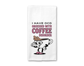 Besessen von Kaffee Küche Handtuch | Retro Kaffee Waffel Geschirrtuch | Geschirrtuch | OCD Lustig Geschirrtuch | Pop Kultur Handtuch