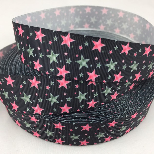 Rainbow star Grosgrain Ribbons,pink star ribbon,  Pink star ribbon. Grey star ribbons.  Available in 1" grosrain ribbons