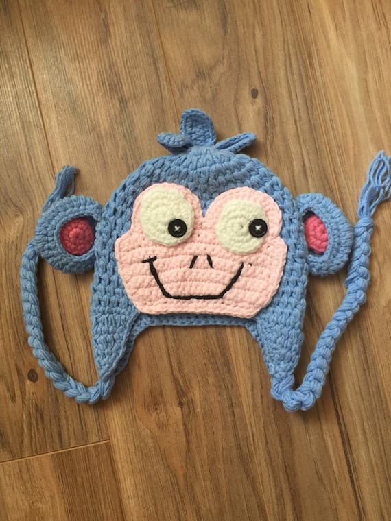 Boots crochet hat, blue crochet monkey hat, crochet monkey hat, blue monkey hat, boots hat, dora costume, halloween costume