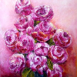 Rosas fucsias, pintura acrílica sobre lienzo pintura textura pared decoración arte regalo