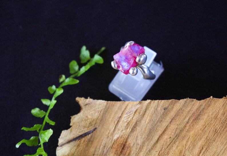 Rough Rainbow Pink Moonstone Set in Drippy Sterling Silver.