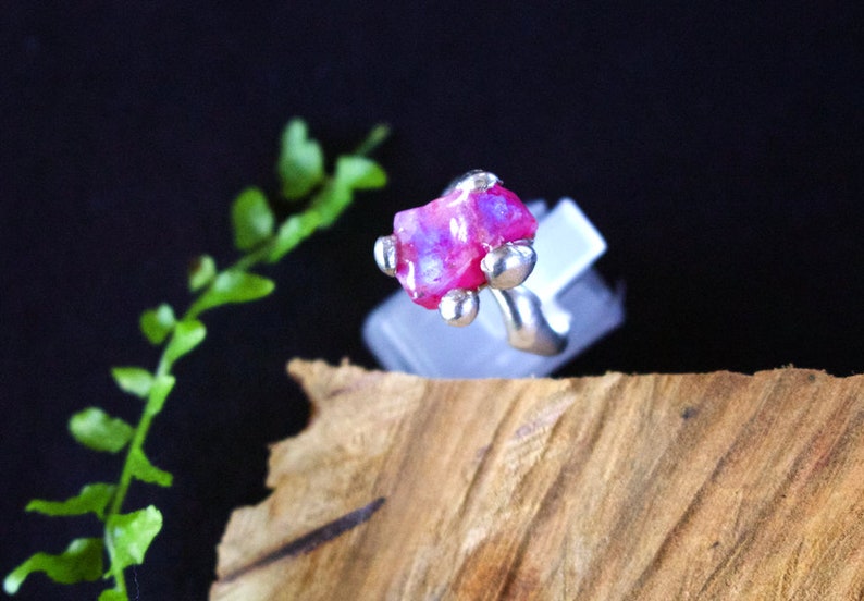 Rough Rainbow Pink Moonstone Set in Drippy Sterling Silver.