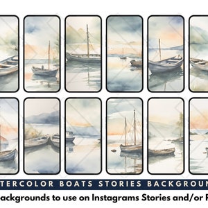 Op de afbeelding: Twaalf aquarel illustraties van boten op een meer met bergen op de achtergrond. De illustraties zijn in een gedempte kleurenpalet van blauw, grijs en oranje. De illustraties zijn perfect om te gebruiken als Instagram story achtergronden.