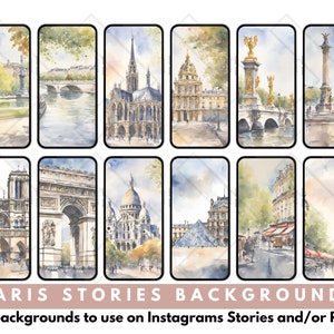 May include: Twelve watercolor illustrations of iconic Parisian landmarks, including the Eiffel Tower, Notre Dame Cathedral, the Arc de Triomphe, and the Louvre Museum. These images are perfect for use as Instagram story backgrounds.