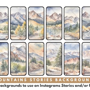 May include: Twelve watercolor illustrations of mountain landscapes, perfect for use as Instagram story backgrounds. Each image features a different view of a mountain range, with a variety of colors and details.
