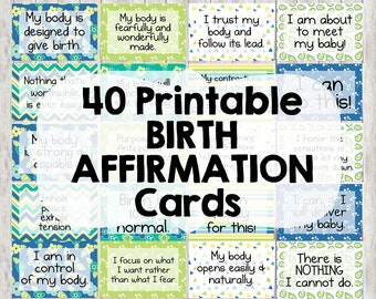 40 Birth Affirmation Cards for Natural Labor / Birth 4x6 Inches Blue Green Floral Patterns DIGITAL ITEM - Print Yourself