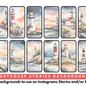 Puede incluir: Doce ilustraciones de acuarela de faros de varios estilos, cada una con un fondo de puesta de sol. Las ilustraciones están diseñadas para usar como fondos de historias de Instagram.