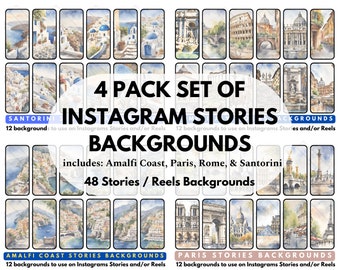 Instagram Historias de redes sociales y fondos de carretes Tema de viajes europeos: Roma, París, Amalfi, Santorini Asistente virtual Creador de contenido