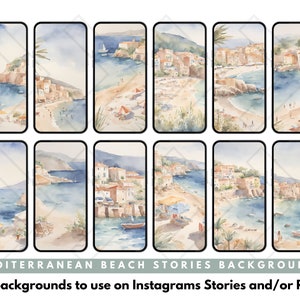 May include: Twelve watercolor illustrations of a Mediterranean beach town with buildings, palm trees, and people on the beach. The illustrations are in a vertical format, suitable for use as Instagram Stories or Reels backgrounds.