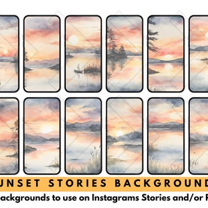 Op de afbeelding: Twaalf aquarel illustraties van zonsondergangen boven een meer. Elke illustratie is ingelijst in een zwarte rechthoek om op een telefoonscherm te lijken. De illustraties zijn perfect om te gebruiken als achtergrond voor Instagram-verhalen.