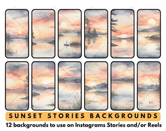 Instagram IG Historias de redes sociales y Reels Fondos Acuarela Tema Puesta de sol en el lago Asistente virtual Creador de contenido
