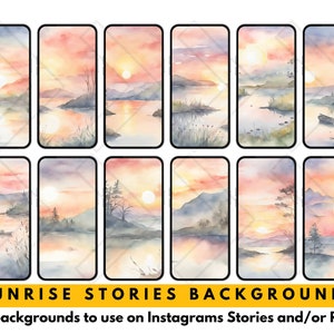 Op de afbeelding: Twaalf aquarel illustraties van een zonsopgang boven een meer. Elke illustratie is in een verticaal formaat, geschikt voor gebruik als Instagram story achtergronden. De illustraties tonen een verscheidenheid aan kleuren, waaronder roze, oranje, geel, blauw en groen.
