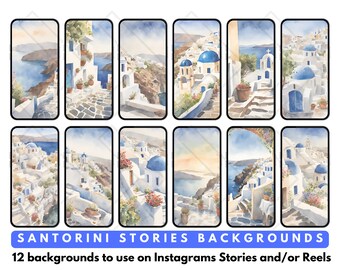 Instagram IG Historias de redes sociales y carretes Fondos Acuarela Tema de Santorini Grecia Asistente virtual Creador de contenido