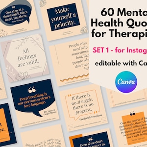 60 Mental Health Therapy Quotes for Therapist, Social Worker, Counselor Editable in Canva for Instagram, Facebook, Social Media Navy Orange