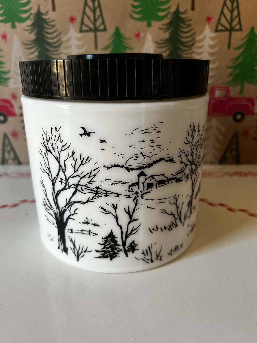 Vintage Milk Glass Canister Jar With Plastic Lid Winter Scene Black and