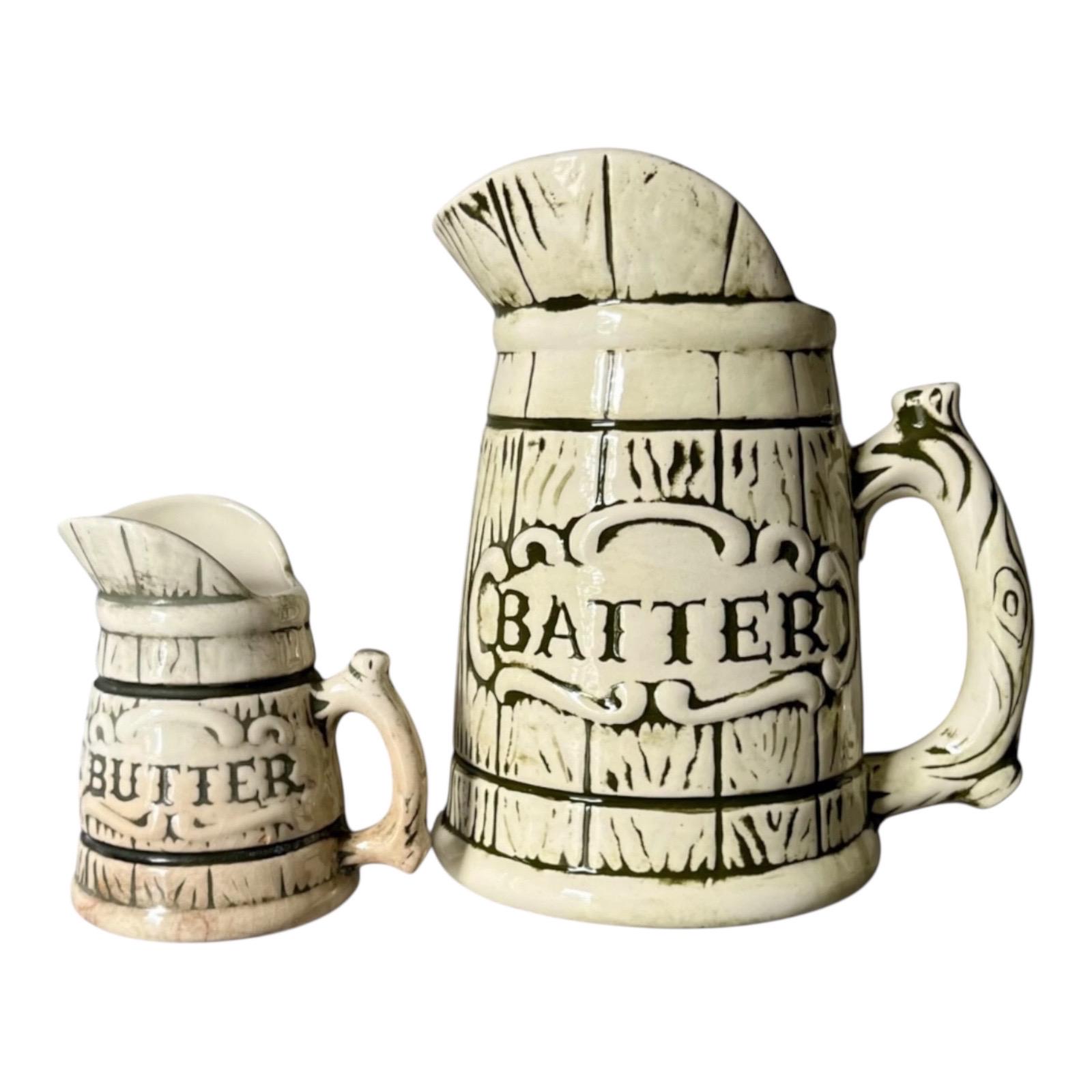 Treasure Craft 1957 Faux Wood Barrel Ceramic Batter & Syrup Pitcher 1073