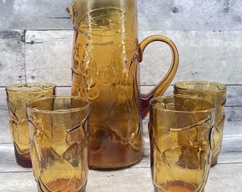 Italian Amber Glass Pitcher and 4 Glasses Set Fruit and Vine MCM 3100