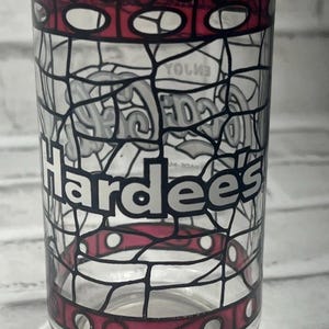 Coca Cola Hardees Red Stained Glass Look 16oz Drinking Glass Vintage 2354