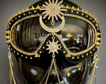 The Original Xena Noir Goggles | Tribal Moon Sun Goggles | Unisex Black & Gold Tribal Goggles | Gold Black Gunmetal Face Chains Boho