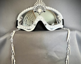 Ice Queen Silver Goggles | Festival Goggles | Silver Star Art Deco Sun Goggles | Spike Punk Playa Dust Goggles