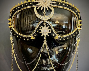 Xena Noir Goggles | Tribal Moon Sun Goggles | Unisex Black & Gold Tribal Goggles | Gold Black Gunmetal Face Chains Boho
