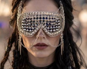 Blind Faith Spiked Winged Goggles | Festival Playa Dust Goggles | Goth Vampire Metal Rock Goggles | Tribal Face Chains