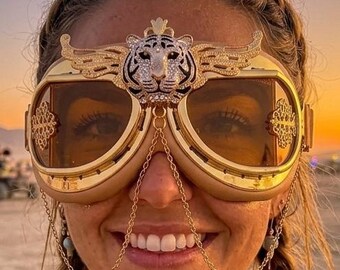 Day to Night Amber Lenses | Sunshine Gold Goggles | Tigeress Goggles | Aviator Scooter Goggles | Tribal Boho Face Chains