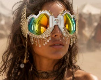 Festival Goggles | Gold Rhinestone Goggles | Cupid Eros | Winged Goggles | Winged Mask Crystal Heart Shaped Goggles