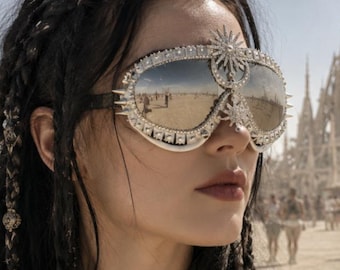 Xena Sterling Silver | Festival Goggles | Silver Star Tribal Moon Sun Goggles | Unisex Ski Spike Punk Dust Goggles