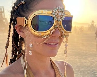 Sunshine Gold Goggles | Sun Moon Stars Goggles | Aviator Scooter Goggles | Green Blue Turquoise | Tribal Boho Face Chains