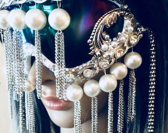 Gafas de festival, gafas blanco perla, gafas de cristal Swarovski / gafas de diosa de hielo / máscara veneciana blanca steampunk