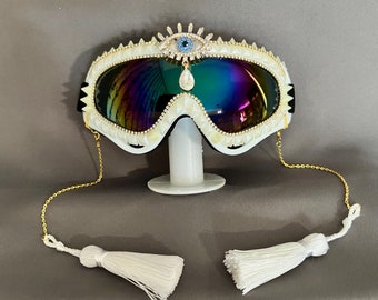 Made-to-Order | White Pearl Goggles | Third Eye Goggles | Cyclops | Ice Queen Goggles | Iridescent White Goggles | Evil Eye Goggles | White